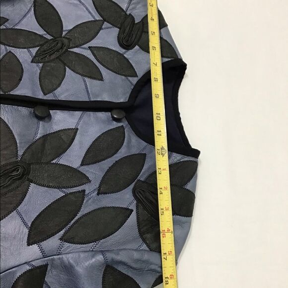 Leather Custom Made Crop Jacket Blue With Flower Petal Crew Neck Cropped Jacket - Picture 7 of 15